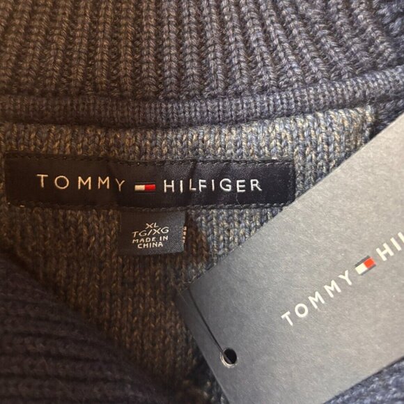Tommy Hilfiger Chunky Knit Sweater Mens XL Navy Mock Neck Fisherman Pullover Y2K - Picture 3 of 5